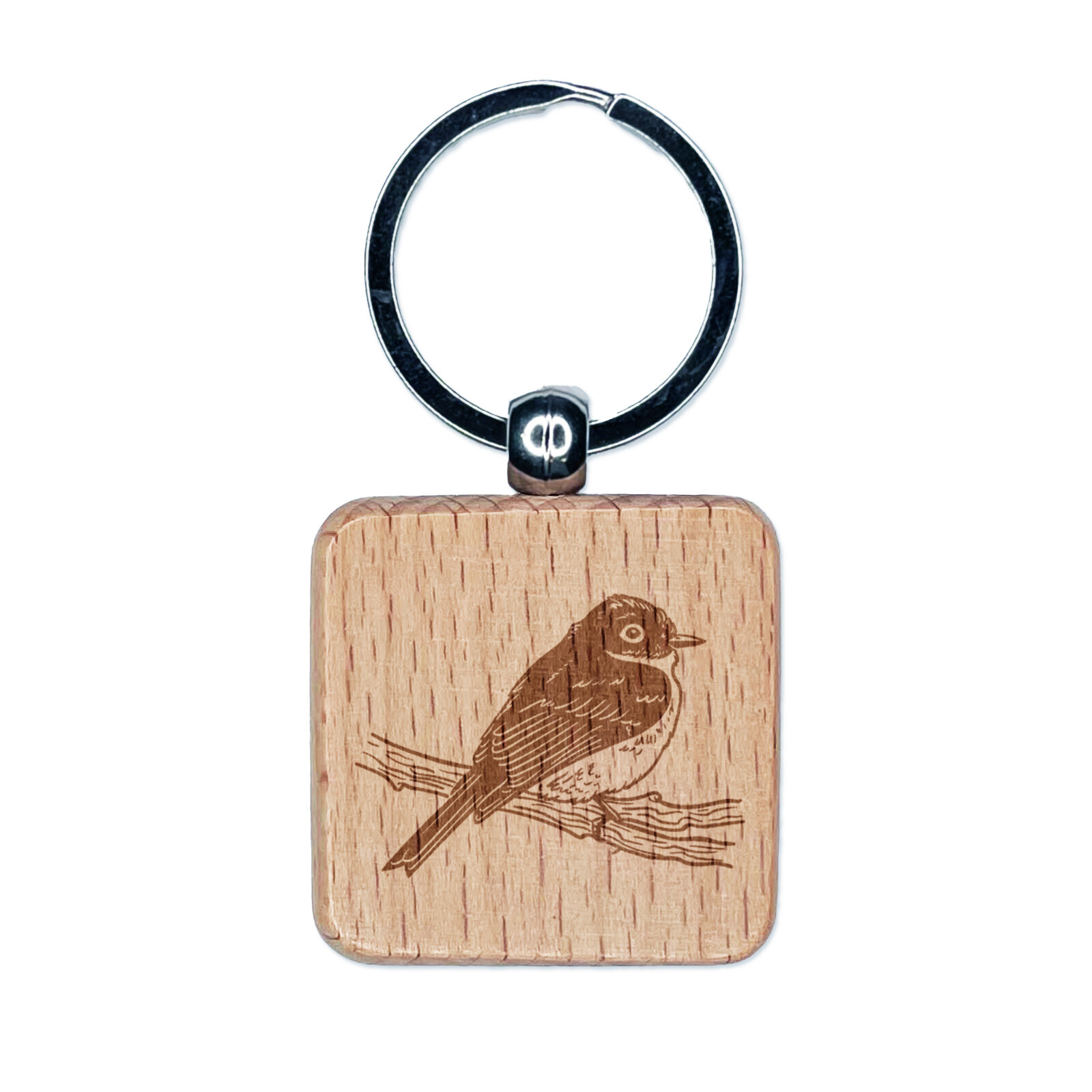 Phoebe Bird on a Branch Engraved Wood Square Keychain Tag Charm