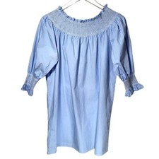 Zara Size S Cotton Off The Shoulder Smocked Poplin Mini Dress in Blue/White