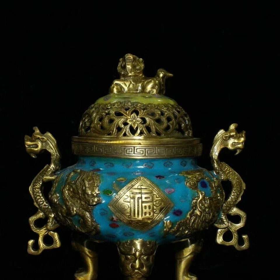 Quemador de incienso antiguo de China de 8" incensario Cloisonne quemador de incienso de latón antiguo Foto 2 de 4