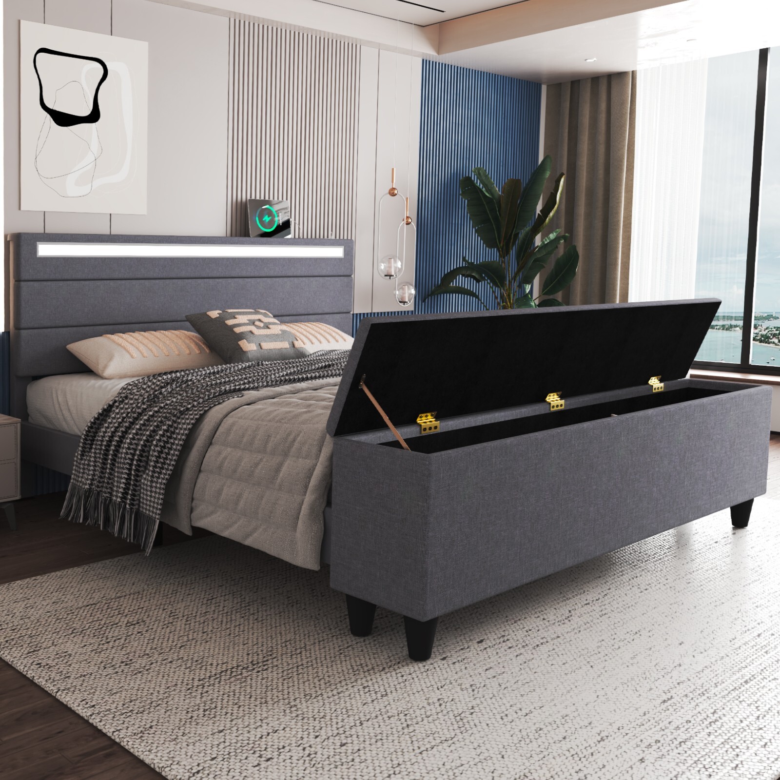 /upholstered Led Bed Frame With Storage Box＆charging Station