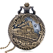 Bronze Hollow Train Locomotive Steampunk Pocket Watches with Necklace Chain Gift