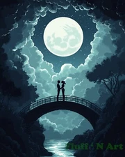 Romantic Couple on a Bridge under Full Moon AI Print 8x10 100% Cotton Paper L2