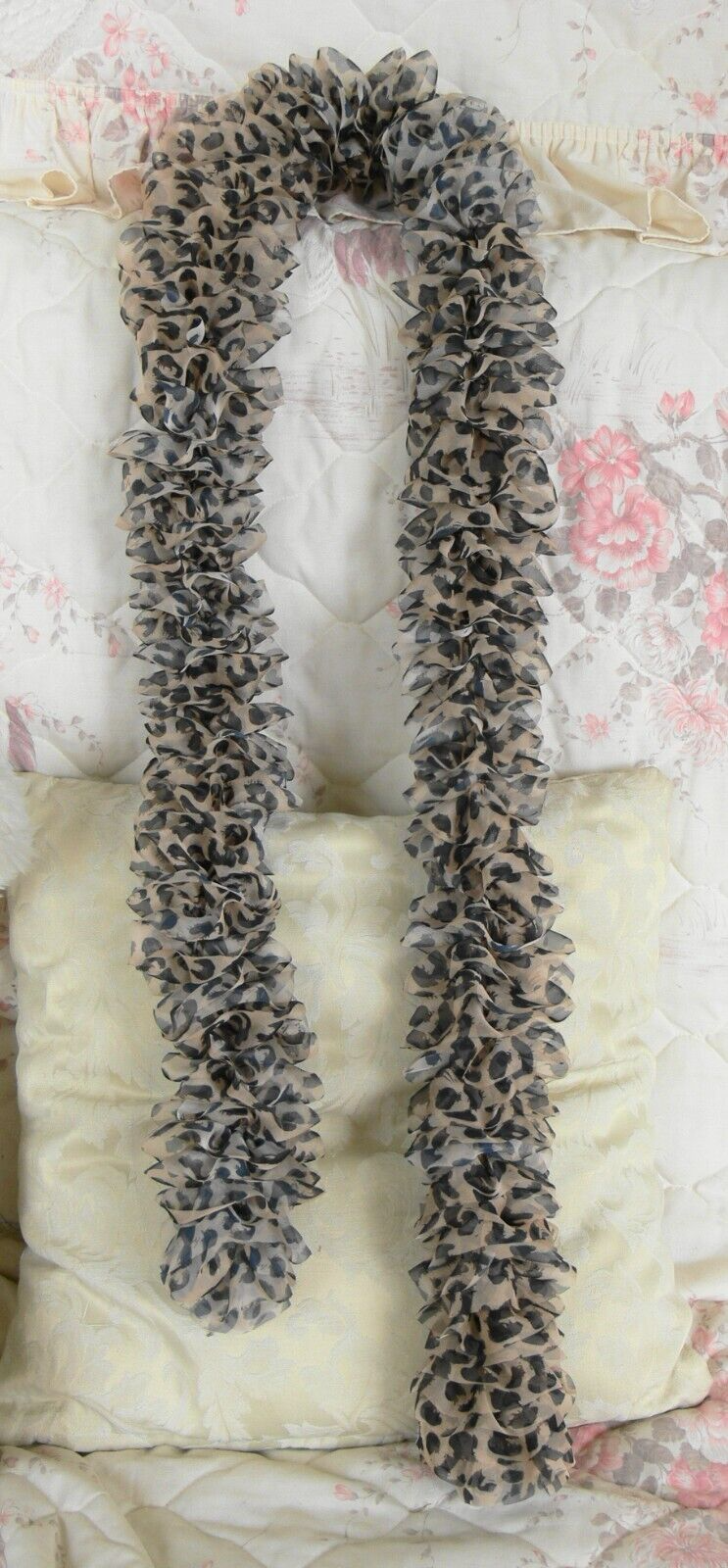 Soft Organza Ruffle Scarf with Jaguar Print, Hand Knitted, Brown, 180cm x 8cm-image