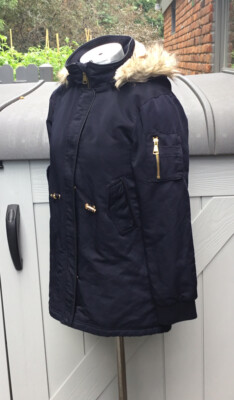 H & M Navy Girls Jacket Removable Hoodie Sz 10-11 Y  Faux Fur Hood