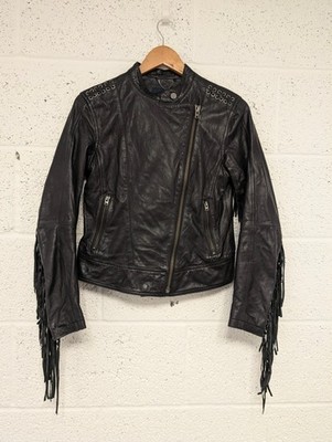 S.Oliver Denim Real Leather Jacket Black Fringe Biker Western Women's S