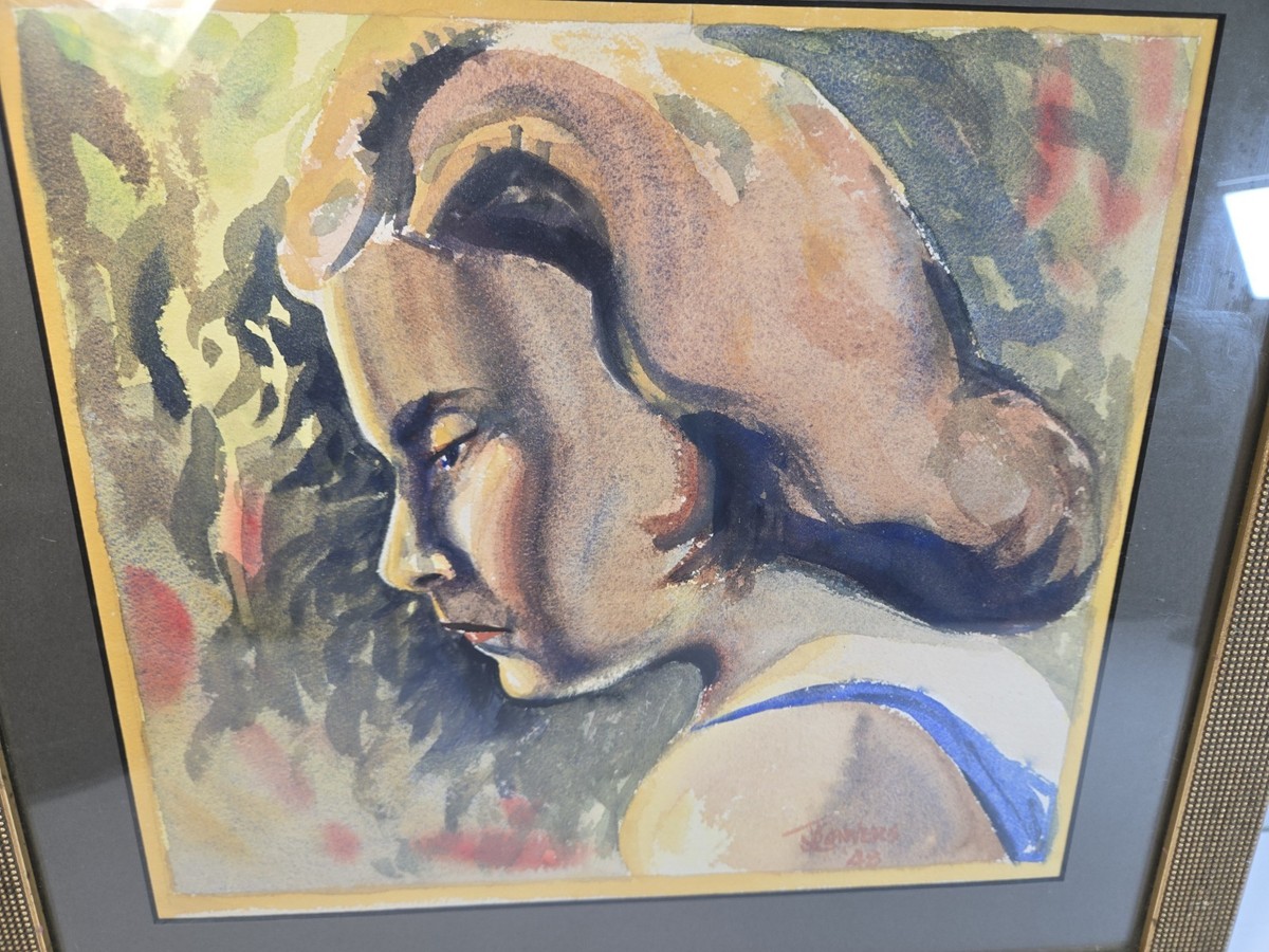 Vtg Woman Watercolor Portrait Painting Sugned And Framed Antique