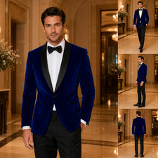 Mens Royal Blue Velvet Tuxedo Jacket Pants Wedding Prom Groom Formal 2pc Set