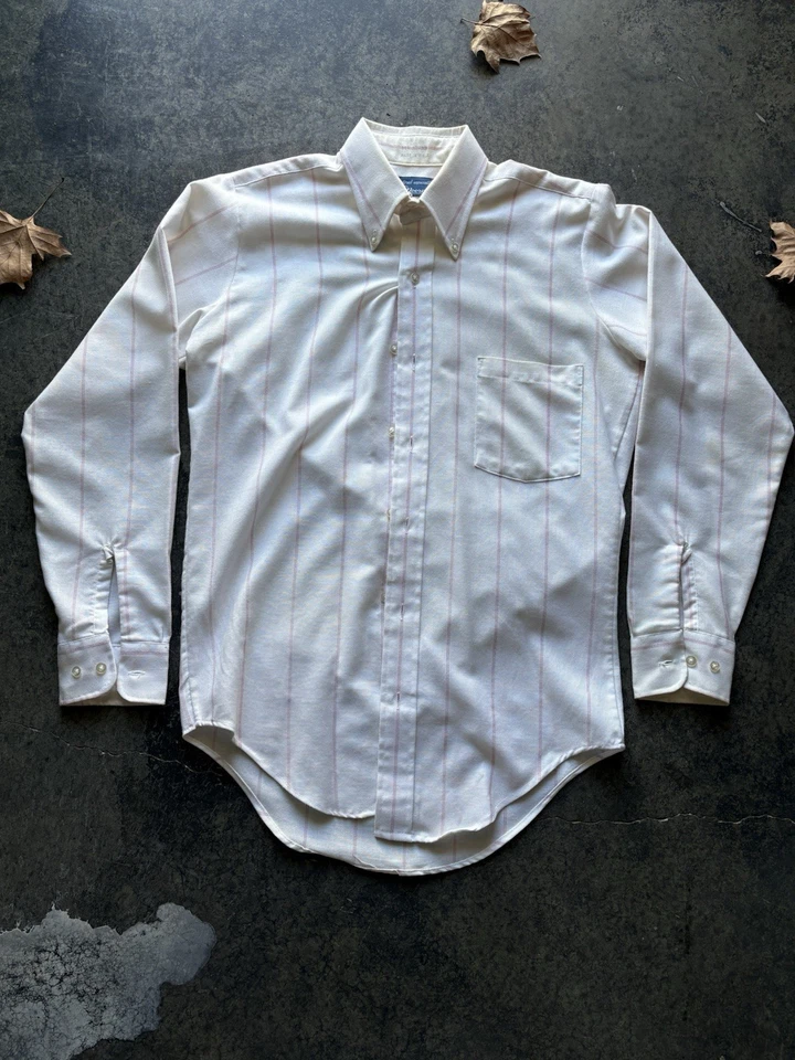 Camisa de vestir polo manga larga a rayas blanca y gris talla mediana 32 de colección años 70 para hombre Foto 2 de 4