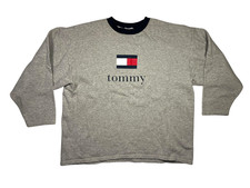 Vtg y2k TOMMY HILFIGER Gray Warm USA-MADE CREWNECK SWEATSHIRT Gym Hike Women XL