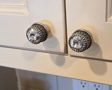 Crystal Clear Gem Cut Vintage Drawer Cabinet Pull Knob Set Glass & Metal