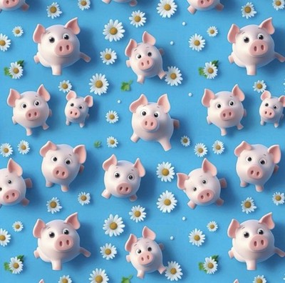 100% Baumwolle 3D Digitaldruck Stoff Schweinchen Blumen Gänseblümchen süß 140cm breit
