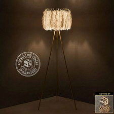 Single Light Tripod Floor Lamp In Brass Gold Finish With Grey Feather Shade