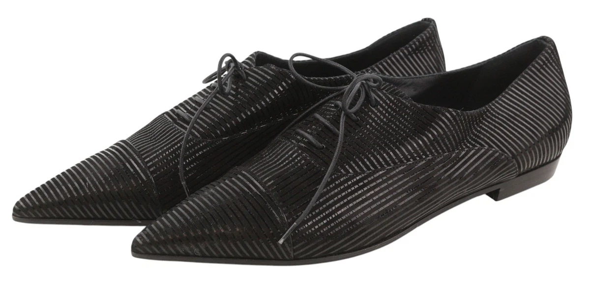 EMPORIO ARMANI Women Shoes EU37 Black Shiny Stripe Pointed Lace Up DDP