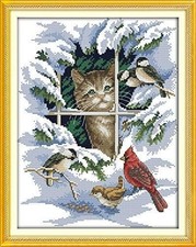 Happy Forever 11CT Stamped Cross Stitch, D441 cat and Birds, Size 13''x16''