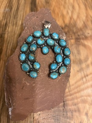 Beautiful Morenci Turquoise On Sterling Silver Naja Pendant Native C rescent 