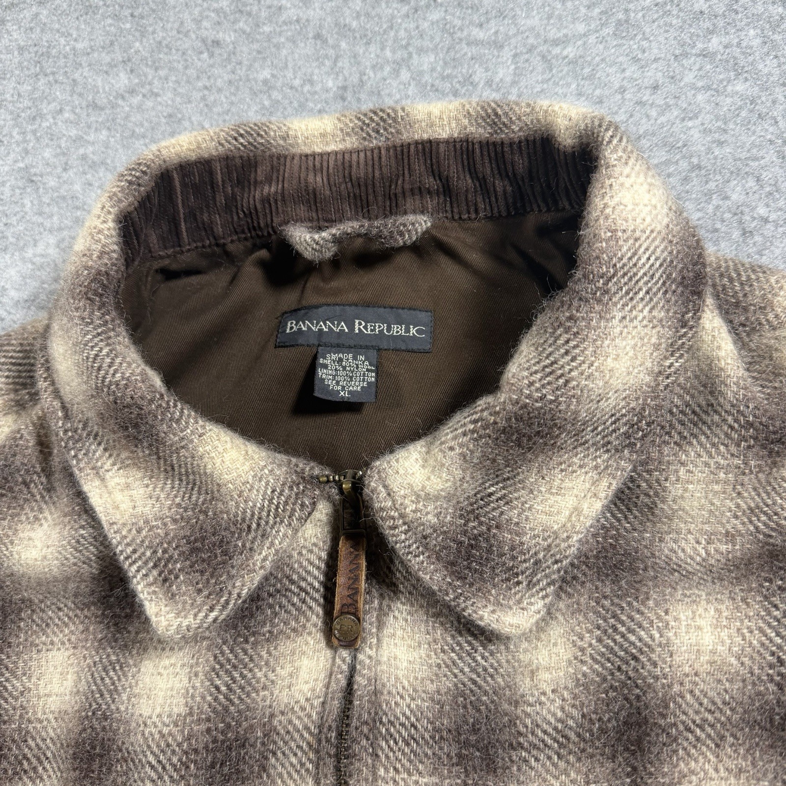 Banana Republic Wool Bomber Jacket Mens XL Brown Plaid Full Zip Cotton Lined thumbnail 4