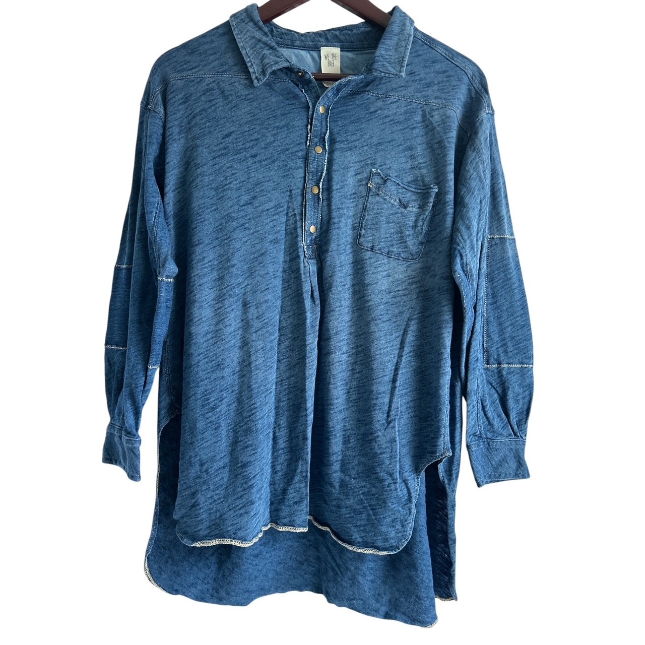 Free People XS Cotton Oversized Loves This Henley Indigo Chambray Tunic Top