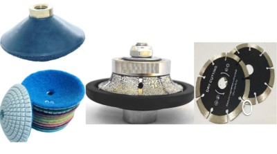 4'' Convex Polishing Pad 7 + 3/16'' Demi Bullnose 5'' cutting blade concrete stone