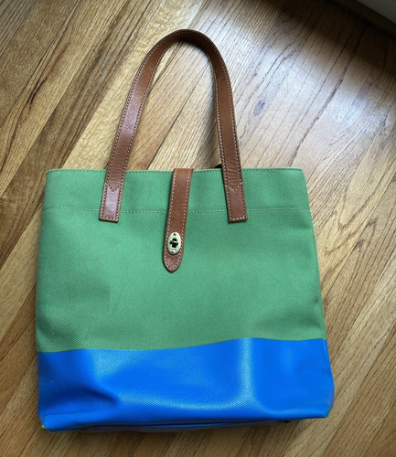 Fossil Austin Green ~ Blue Canvas Book Beach Bag Tote Leather Handles - Picture 6 of 17
