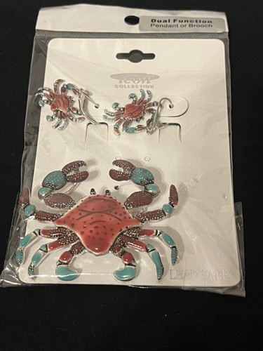 Aqua und rot emailliert Krabbe Brosche oder Anhänger und Ohrringe Set silberfarben 2,5"
