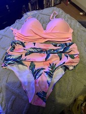 Ladies Pink And Leaf Print Bikini High Waist Pants Side 12 