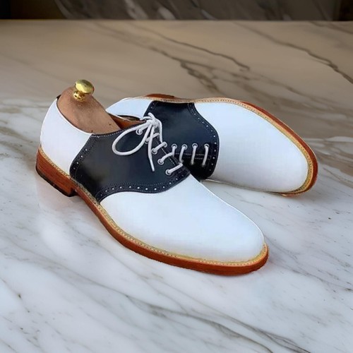 New Handmade White & Black Leather Oxford Dress Brogue Lace Up Shoes For Men