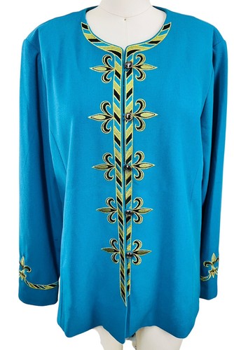 Bob Mackie Teal Embroidered Blazer Gold Threading