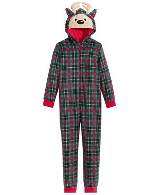 New Boys/Teens Green Plaid Reindeer Hooded One Piece Pajama