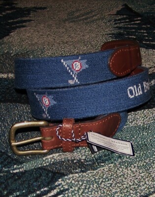 NEW SMATHERS & BRANSON Needlepoint & Leather Golf Belt OCEAN REEF CLUB Blue 38