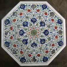 18 Inches White Marble Coffee Table Top Gemstone Inlay Work Kitchen Corner Table