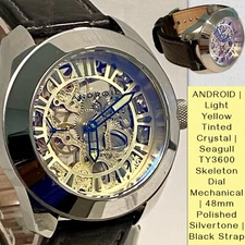 48mm Skeleton Mechanical | Tinted Crystal | Roman Hours Black Band ANDROID Watch