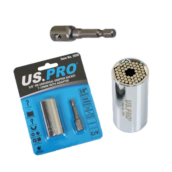 US PRO Multi Fit Universal Gripper Socket 7-19mm & Adapter Damaged Nuts Pins