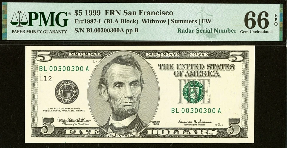 1999 $5 FRN PMG 66EPQ 2nd highest graded radar serial number 00300300 - Image 3 of 4