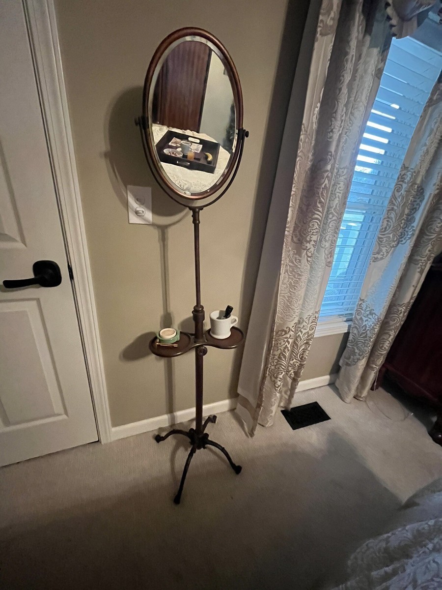 ANTIQUE BRONZE ADJUSTABLE SHAVING FLOOR STAND MIRROR SOAP DISH