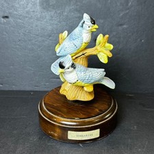 Vintage Porcelain Bird Music Box Plays Edelweiss Blue Yellow Birds Wood Base