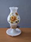 Vtg Hand Painted Milk Glass Electric Hurricane Hobnail Table Bedside Lamp Floral