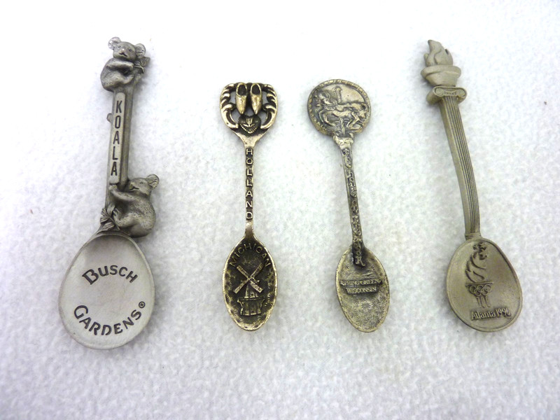 LOT OF 4 PEWTER SOUVENIR SPOON FORT OLYMPIC GISH BUSCH GARDENS SPRING GREEN WI
