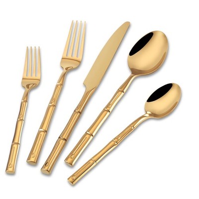 Silverware Set Gold Bamboo Pattern Handle Flatware Set, 20-Piece Stainless St...