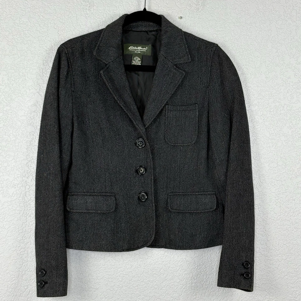 Blazer de lana Eddie Bauer para mujer negro blanco espiga talla M Foto 2 de 4