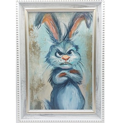 Grumpy Rabbit Original Oil Painting Funny Animal Wildlife Framed Miniature Art