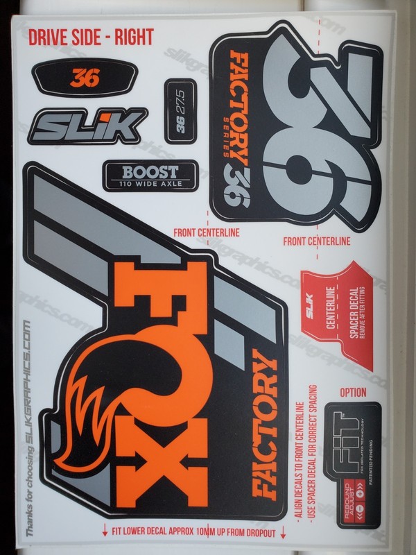 FOX 36 FORK DECALS. OFFICIAL SLIK GRAPHICS DECALS STICKERS.
