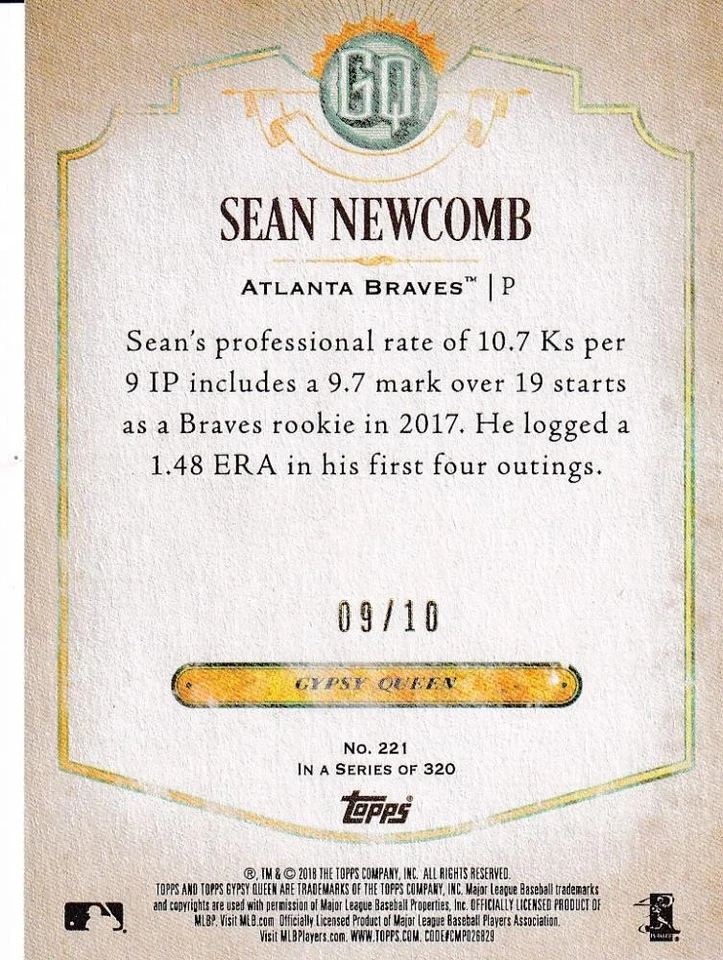 2018 Topps Gypcy Queen Atlanta Braves Sean Newcomb Base Red 09/10 - Image 2 of 2