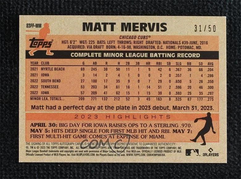 2023 Topps Archives 1983 Fan Favorite Gold Foil /50 Matt Mervis Rookie Auto RC - Image 2 of 2