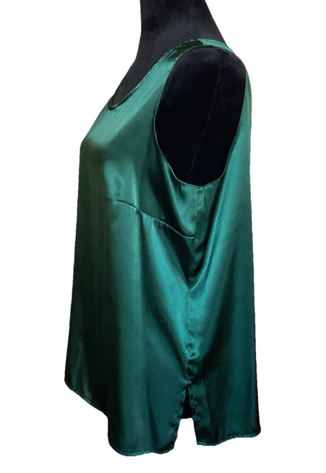 Basic Editions Vtg Green Silk Tank Top Blouse Women's LRG Scoop Neck Holiday 90s - Image 3 of 4