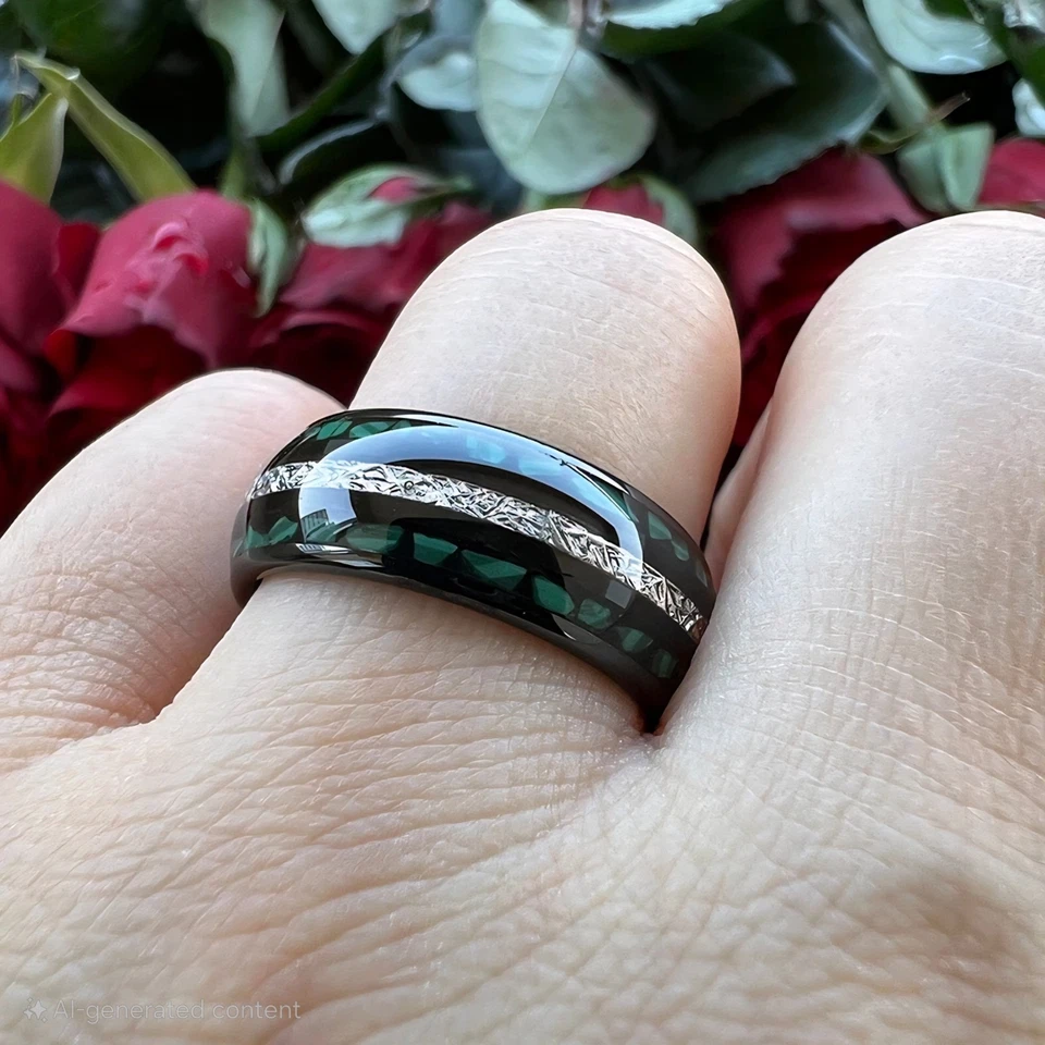 8MM Men Women Tungsten Carbide Ring Band Bright Meteorite and Malachite Inlay - Image 3 of 4
