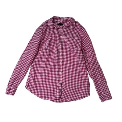 Talbots Button Up Shirt Womens Small Pink Gingham 100% Linen Shirt Long Sleeve