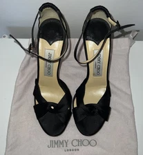 Jimmy Choo Black Satin Open-with a knotted Bow and Ankle Strap Sz 37