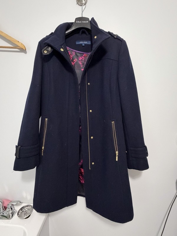 Cole Haan Women’s Navy Wool Mid-Length Belted Coat Zip/Button Size 8