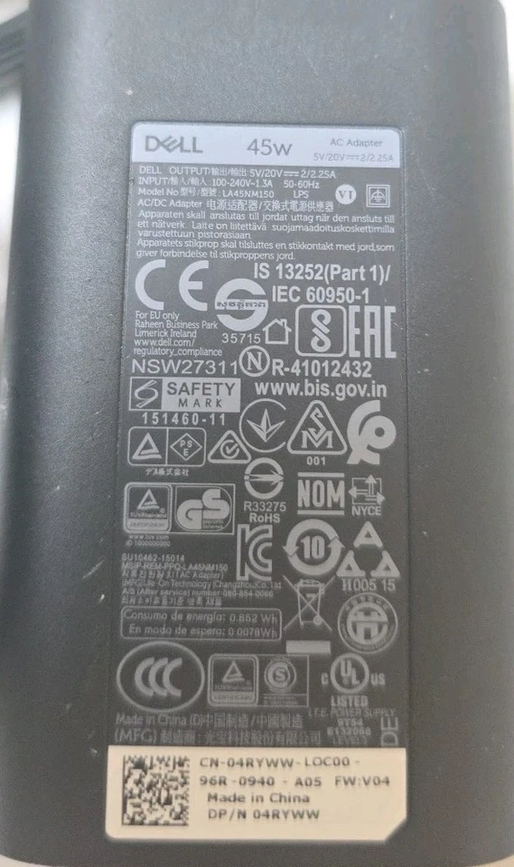 Adaptador de CA original Dell 45W USB tipo C LA45NM150 HDCY5 0HDCY5 04RYWW 4RYWW Foto 2 de 3