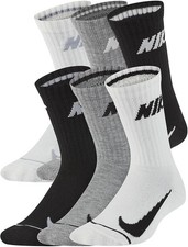 NIKE Kids 6-Pairs Cushioned Crew Socks - White Black Grey- Boys Size XS  10C-3Y
